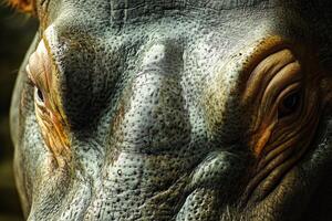 A close up of a hippo's face with a large nose photo