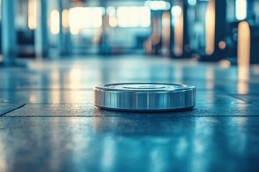 A robot is sitting on the floor in a gym photo