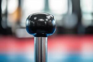A black ball on a pole in a gym photo