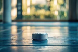 A small white speaker sitting on the floor photo