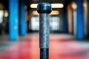 A close up of a metal pole with a black handle photo