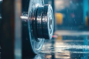 A close up of a barbell on a wet floor photo