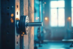 A gym door with a barbell on it photo
