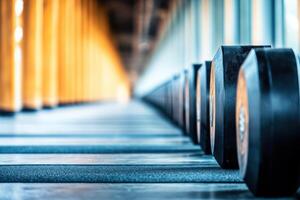 Rows of exercise equipment in a gym photo