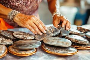 A woman is placing stones on a table photo