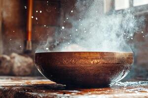 A bowl of water with steam coming out of it photo