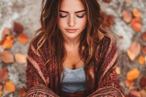 A woman sitting in the fall leaves photo