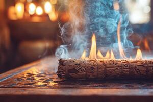 A burning log with smoke coming out of it photo