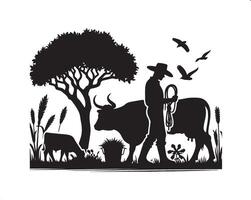 Silhouette of a Farmer Working in the Field vector