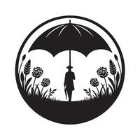 a silhouette of a man with an umbrella in the grass vector