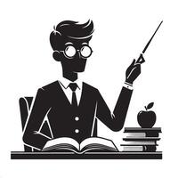 teacher with pointer and apple in hand, black and white illustration vector