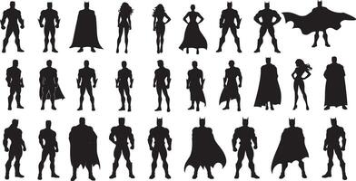 A large collection of silhouettes of various superhero characters vector
