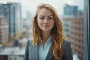A beautiful young woman in a business suit standing in front of a window photo