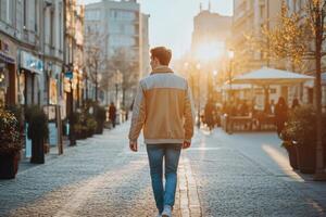 Young man walking on the street at sunset photo