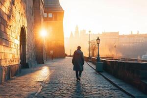 A man walking down a cobblestone street in the morning photo
