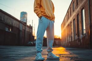 un hombre en un amarillo capucha y blanco zapatillas soportes en un callejón foto