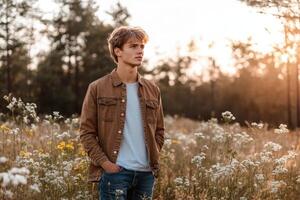 A young man standing in a field of wildflowers photo