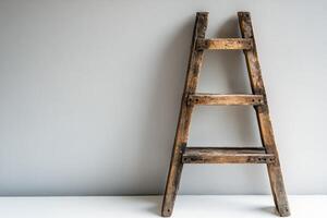 Old wooden ladder against a gray wall photo