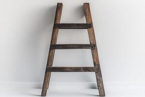 A wooden ladder against a white wall photo