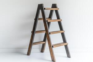 A ladder with wooden steps and a wooden shelf photo