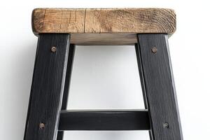 A stool with a wooden seat and black legs photo