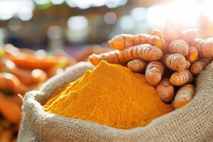 Tumeric and carrots in a sack photo