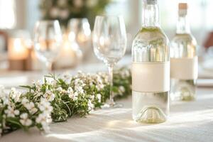 A table with wine bottles and flowers photo