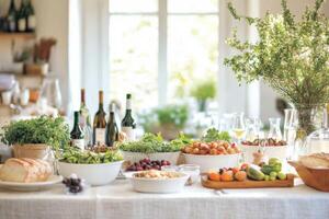 A table with a variety of food and wine photo