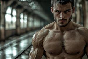 A man with no shirt on standing in a train station photo