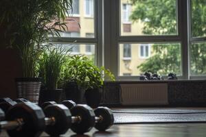 A gym room with dumbbells and plants photo