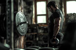 A man is standing in front of a barbell photo