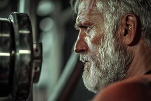 An older man with a beard and white hair is looking at a barbell photo