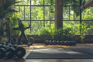A gym room with weights and plants photo