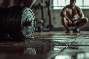 A man is squatting with a barbell in a gym photo