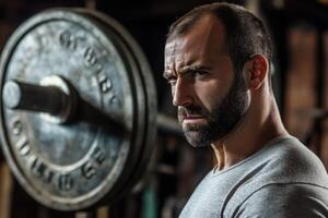 A man is standing in front of a barbell photo
