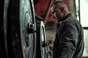 A man is standing in front of a barbell photo