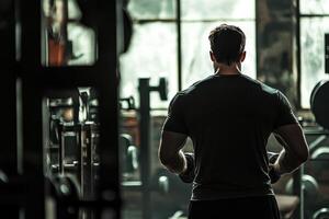 A man is standing in a gym with weights photo