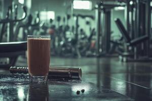 A glass of milk and a protein shake in a gym photo