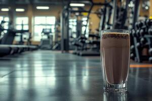 A glass of chocolate milk in a gym photo