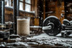 A glass of milk and a barbell on a table photo