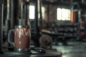 A mug of chocolate is sitting on a table in a gym photo