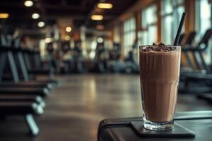 A glass of chocolate milk in a gym photo