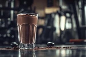 A glass of chocolate protein shake on a table photo