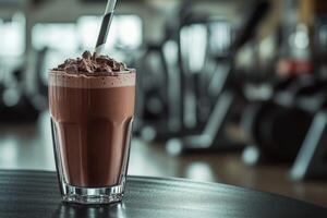 A chocolate shake in a glass on a table photo