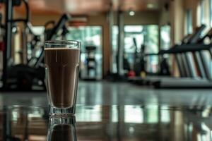 A glass of chocolate milk sits on a table in a gym photo