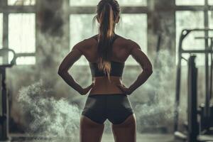 A woman in a gym with her back to the camera photo