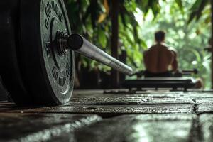 A man is sitting on a bench with a barbell photo