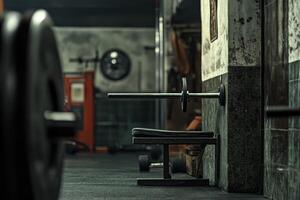 A gym with a barbell and bench photo