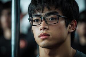 A young man with glasses looking at the camera photo