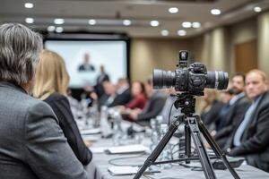A camera is set up in front of a group of people photo